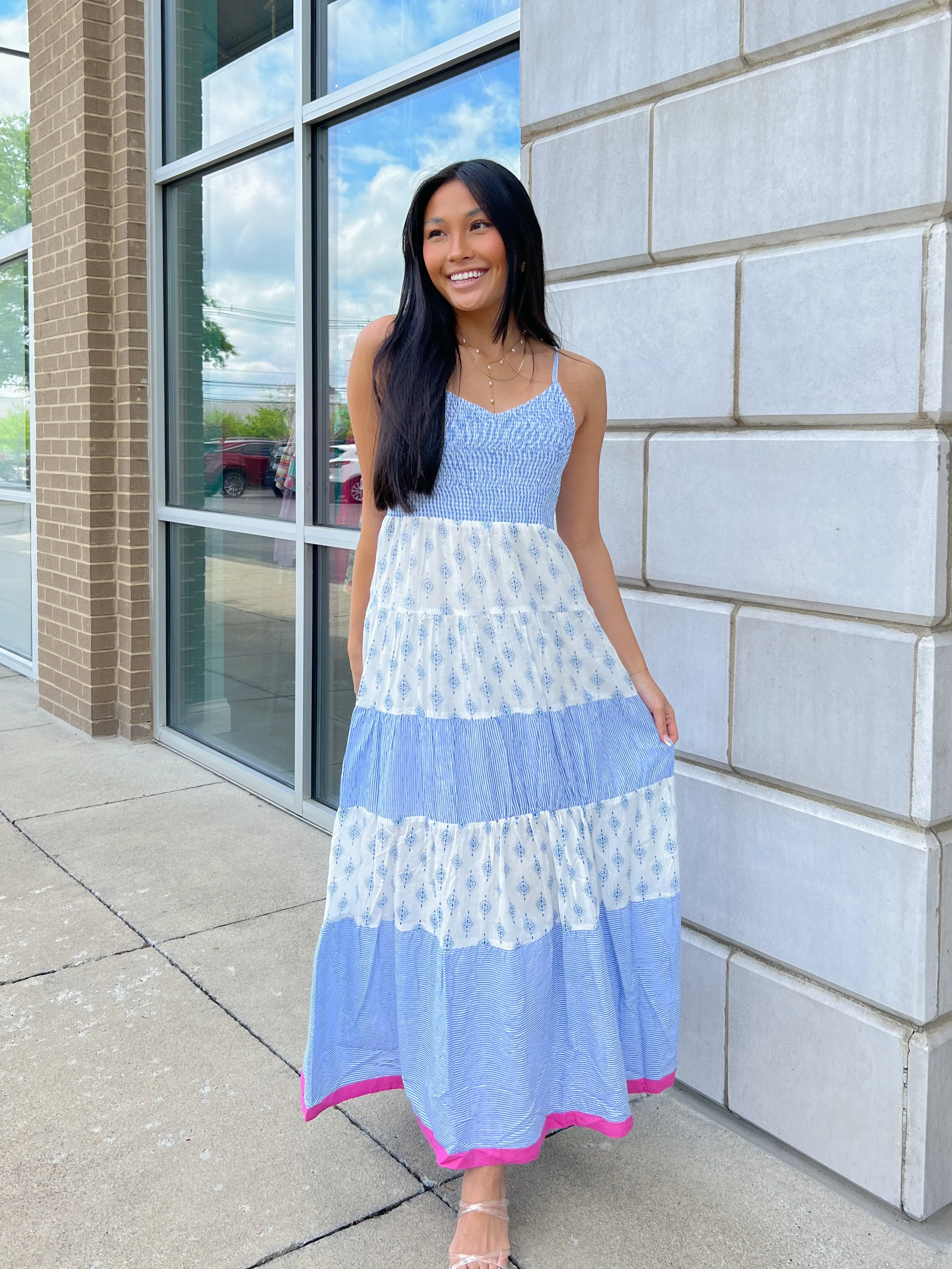 Blue Floral Smocked Spaghetti Strap Maxi