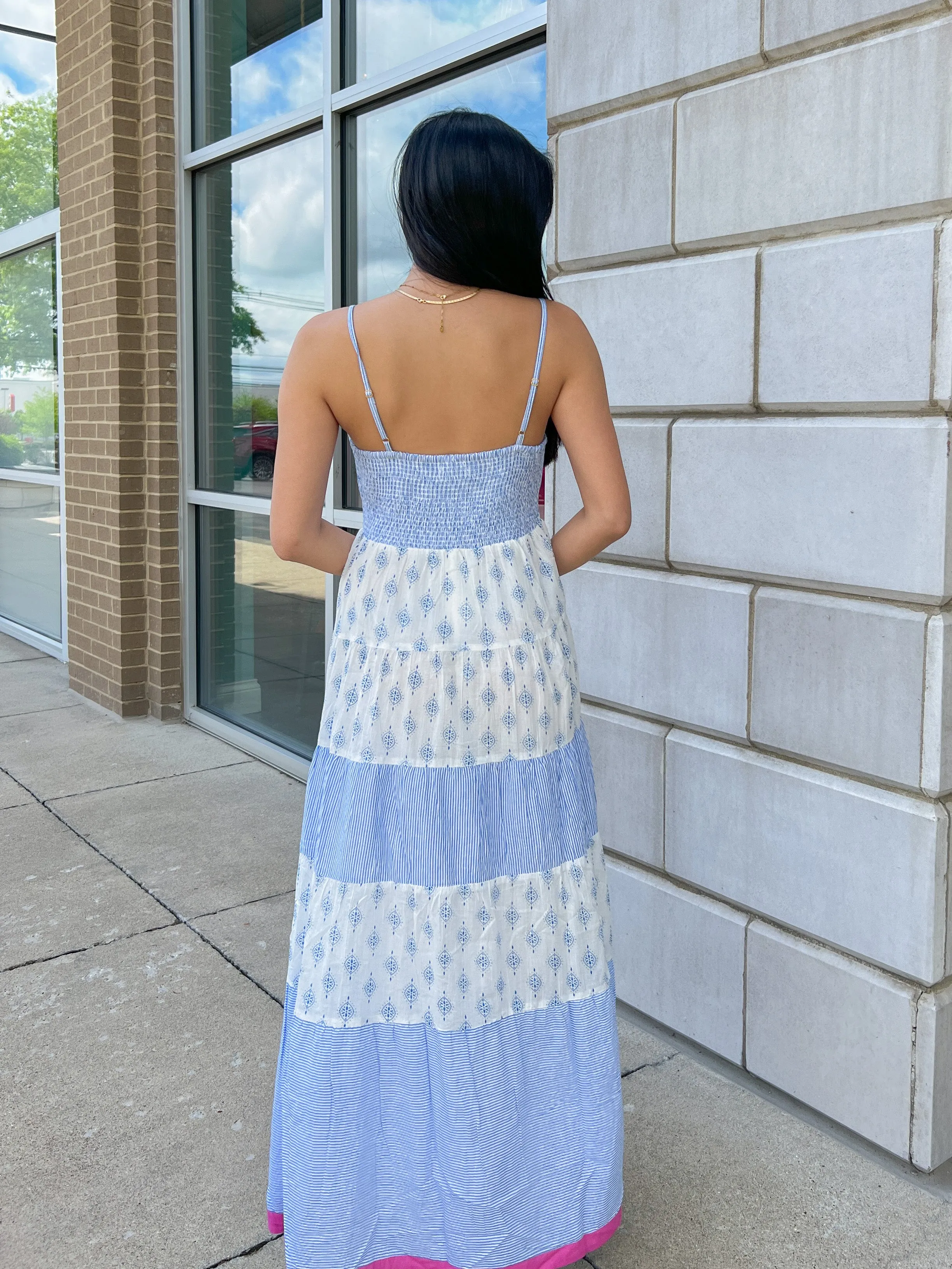 Blue Floral Smocked Spaghetti Strap Maxi