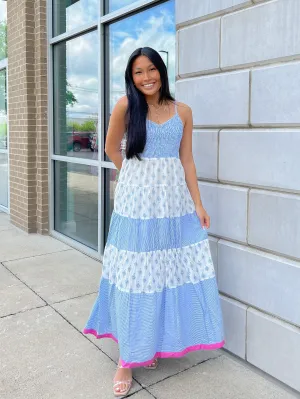 Blue Floral Smocked Spaghetti Strap Maxi