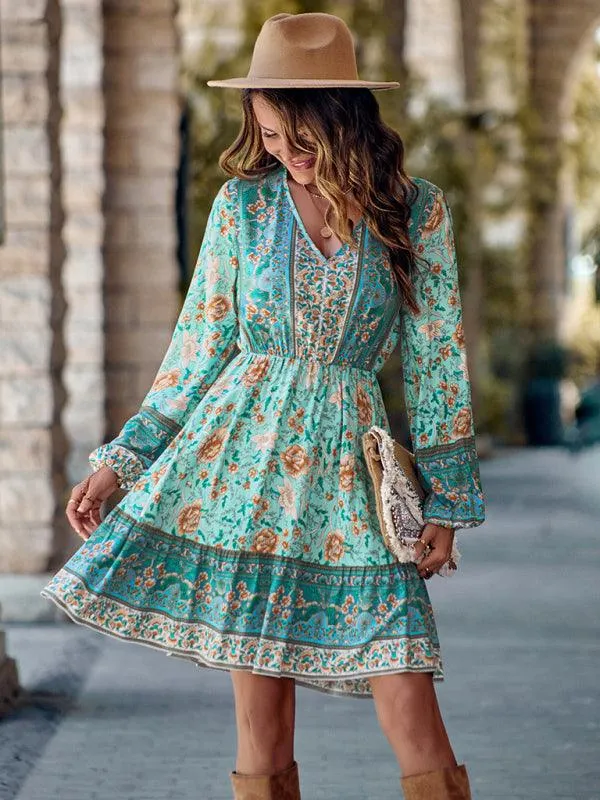 Bohemian Chic Floral V-Neck Long-Sleeve Dress for Women