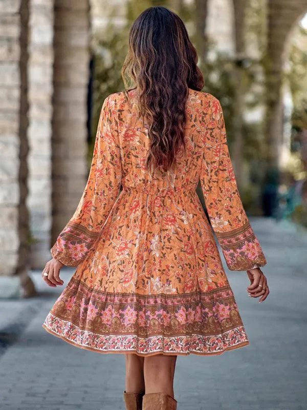 Bohemian Chic Floral V-Neck Long-Sleeve Dress for Women