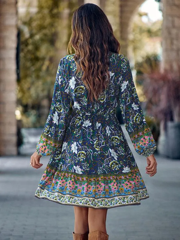 Bohemian Chic Floral V-Neck Long-Sleeve Dress for Women