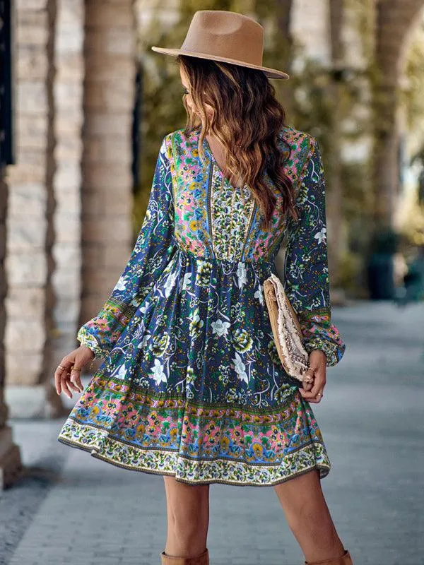 Bohemian Chic Floral V-Neck Long-Sleeve Dress for Women
