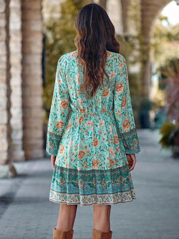 Bohemian Chic Floral V-Neck Long-Sleeve Dress for Women