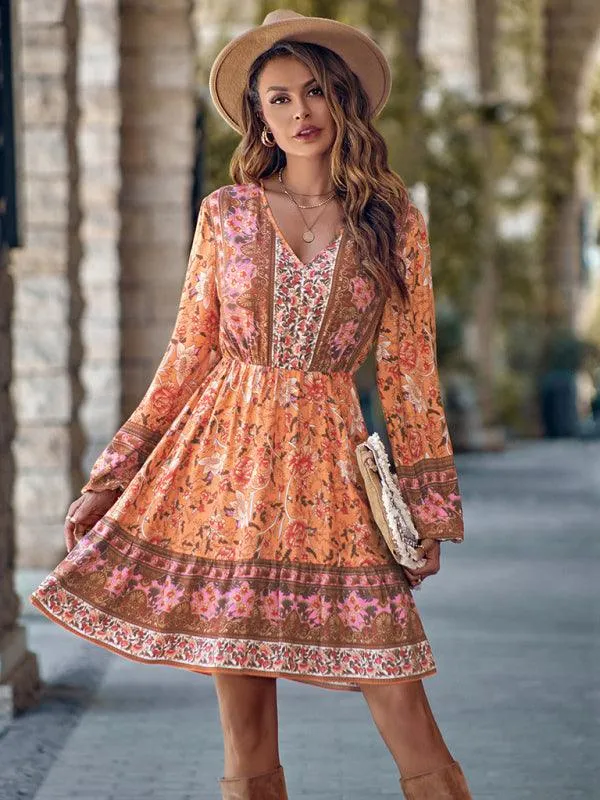 Bohemian Chic Floral V-Neck Long-Sleeve Dress for Women