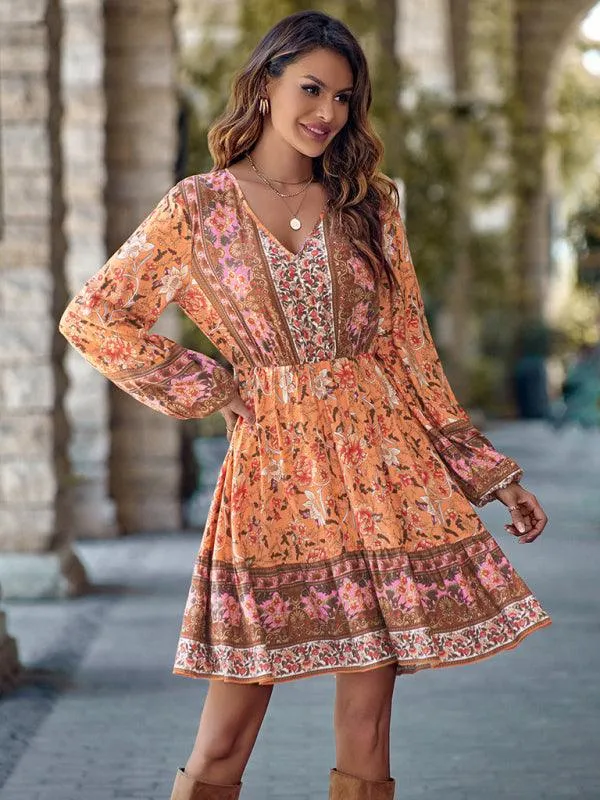 Bohemian Chic Floral V-Neck Long-Sleeve Dress for Women
