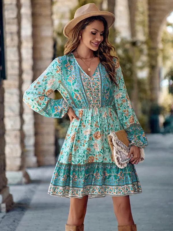 Bohemian Chic Floral V-Neck Long-Sleeve Dress for Women