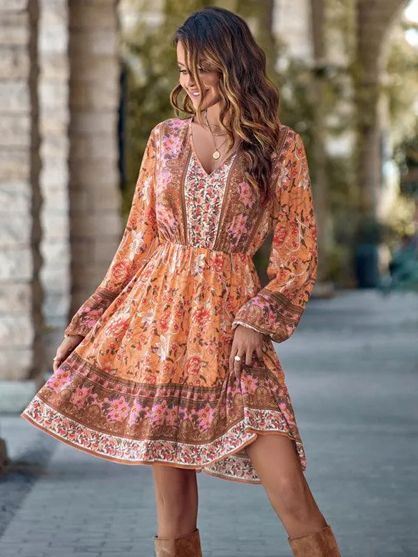 Bohemian Chic Floral V-Neck Long-Sleeve Dress for Women