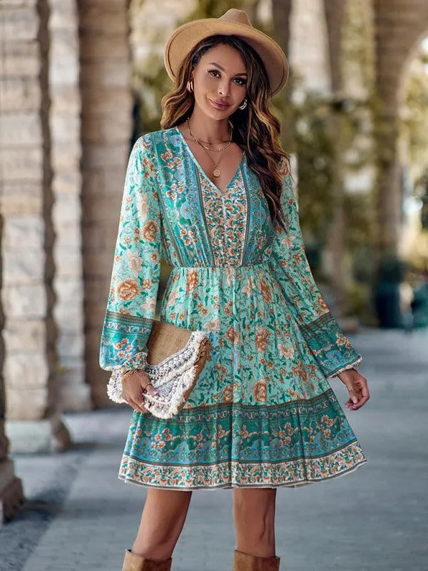 Bohemian Chic Floral V-Neck Long-Sleeve Dress for Women