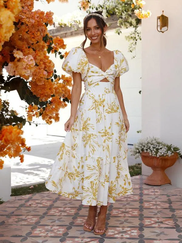 Bohemian Elegance Printed Puff Sleeve A-Line Dress