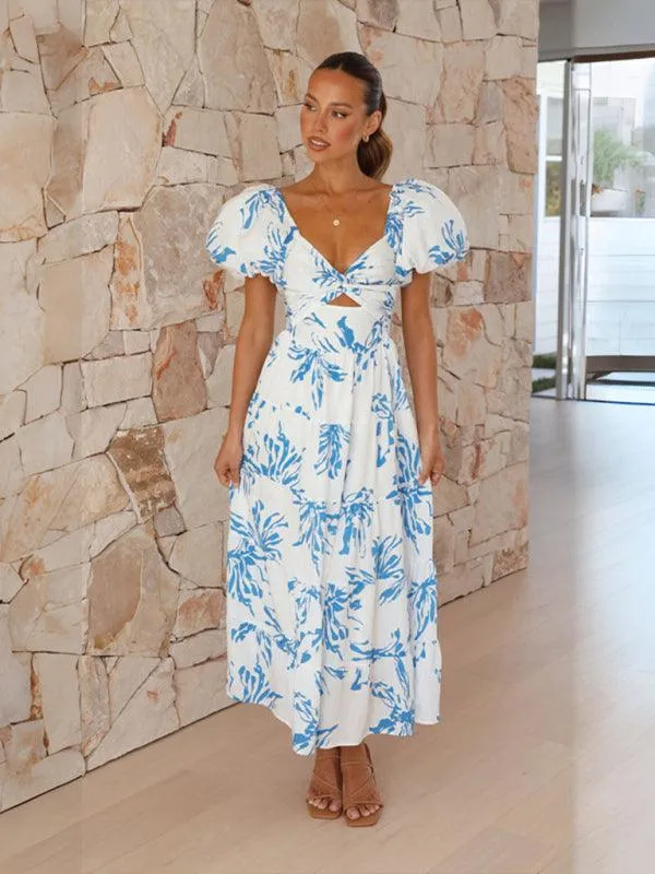 Bohemian Elegance Printed Puff Sleeve A-Line Dress