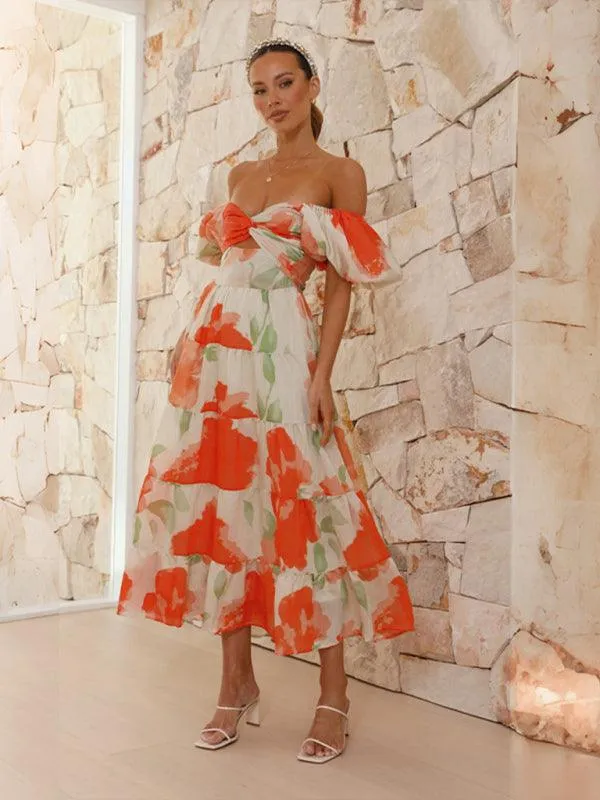 Bohemian Elegance Printed Puff Sleeve A-Line Dress