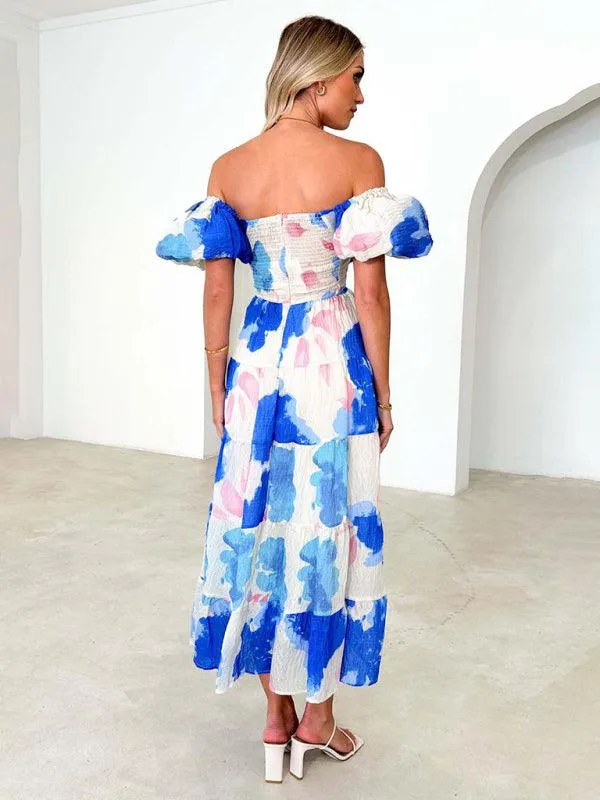 Bohemian Elegance Printed Puff Sleeve A-Line Dress