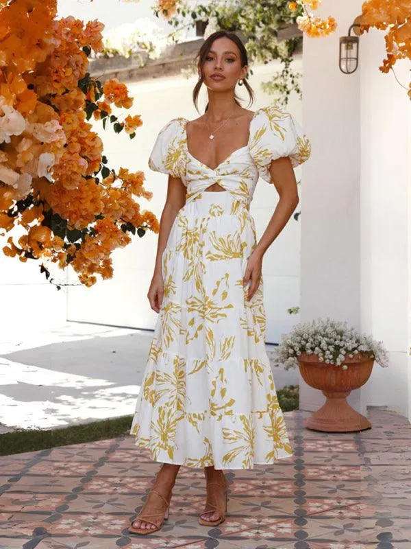 Bohemian Elegance Printed Puff Sleeve A-Line Dress