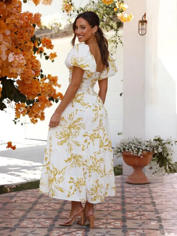 Bohemian Elegance Printed Puff Sleeve A-Line Dress
