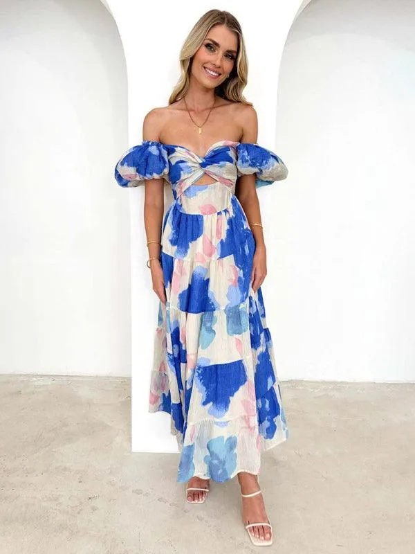 Bohemian Elegance Printed Puff Sleeve A-Line Dress