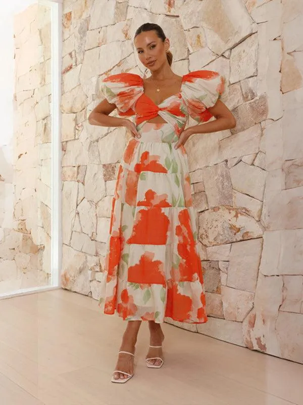 Bohemian Elegance Printed Puff Sleeve A-Line Dress