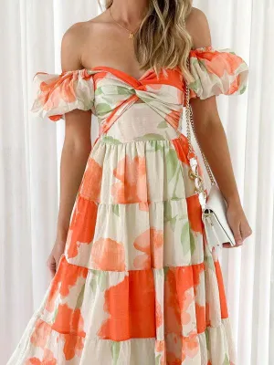 Bohemian Elegance Printed Puff Sleeve A-Line Dress