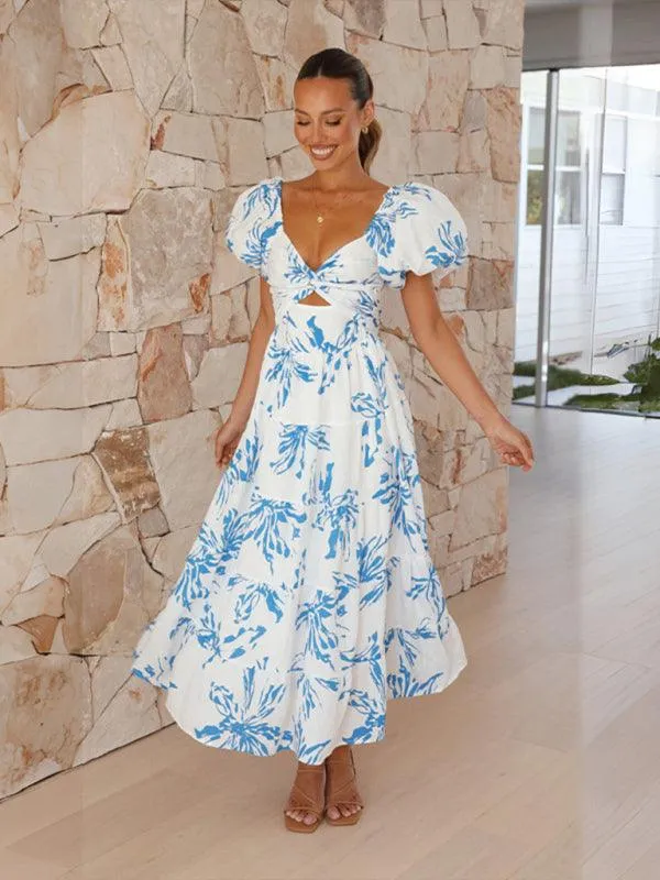 Bohemian Elegance Printed Puff Sleeve A-Line Dress
