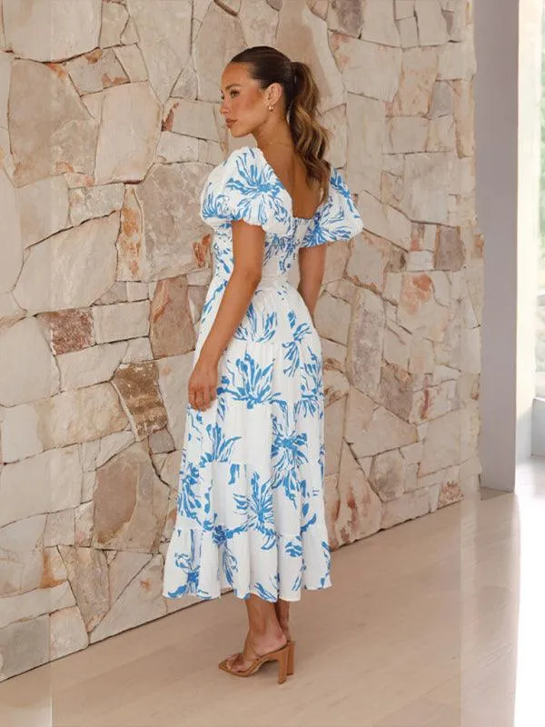 Bohemian Elegance Printed Puff Sleeve A-Line Dress