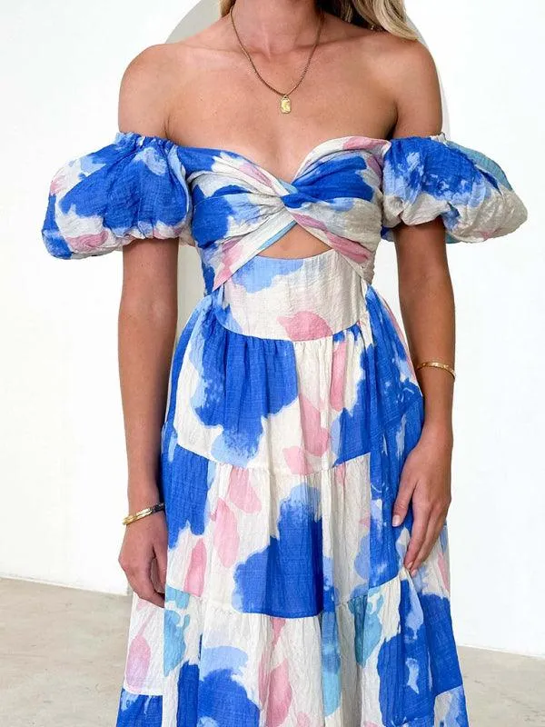 Bohemian Elegance Printed Puff Sleeve A-Line Dress