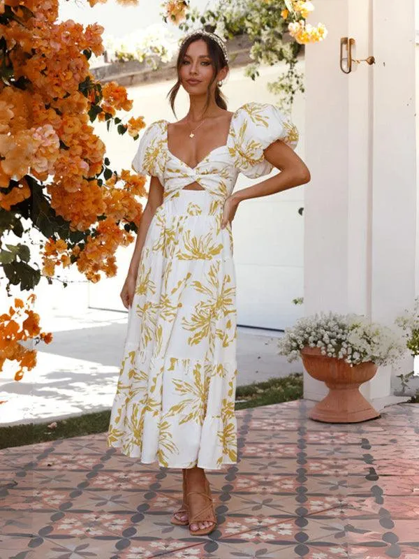 Bohemian Elegance Printed Puff Sleeve A-Line Dress