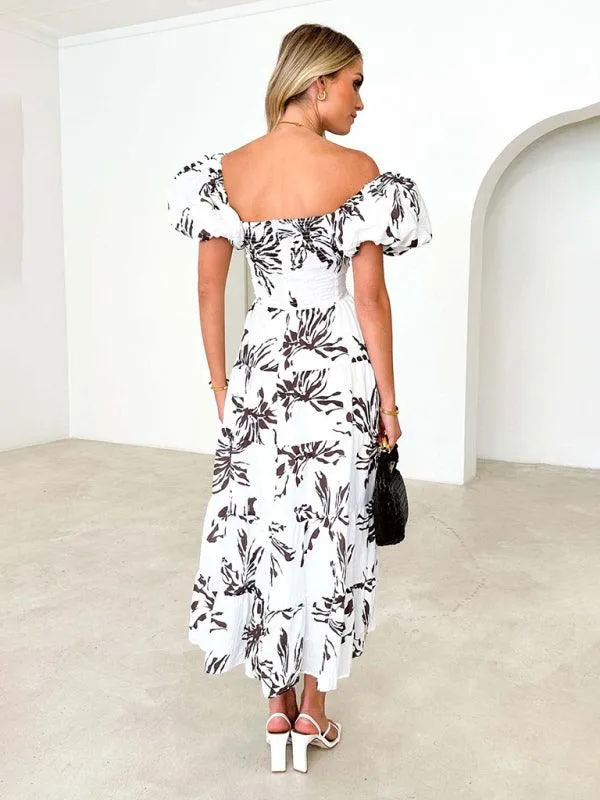 Bohemian Elegance Printed Puff Sleeve A-Line Dress