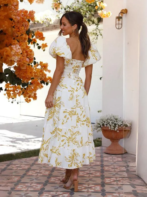 Bohemian Elegance Printed Puff Sleeve A-Line Dress