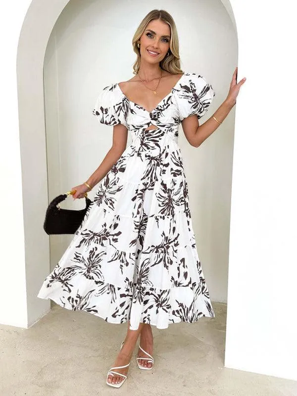 Bohemian Elegance Printed Puff Sleeve A-Line Dress