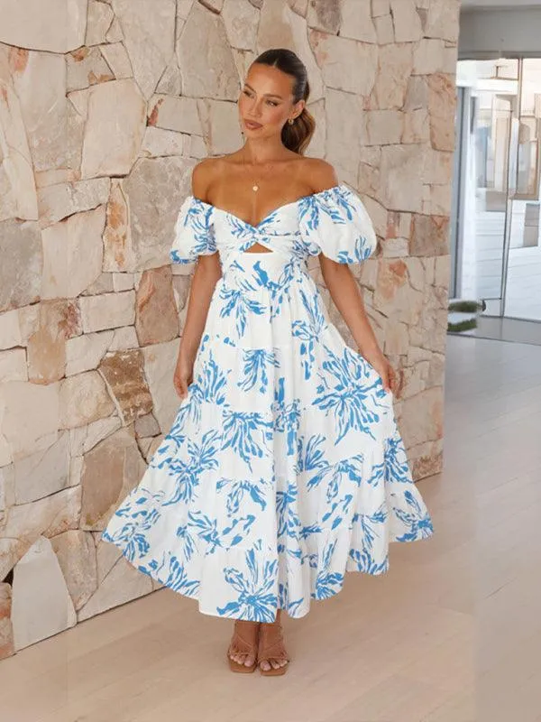Bohemian Elegance Printed Puff Sleeve A-Line Dress