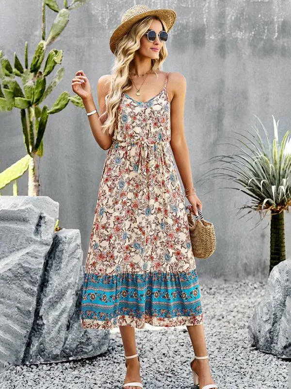 Bohemian Floral Maxi Dress with Adjustable Slit and Suspender Straps for Women