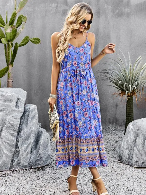 Bohemian Floral Maxi Dress with Adjustable Slit and Suspender Straps for Women
