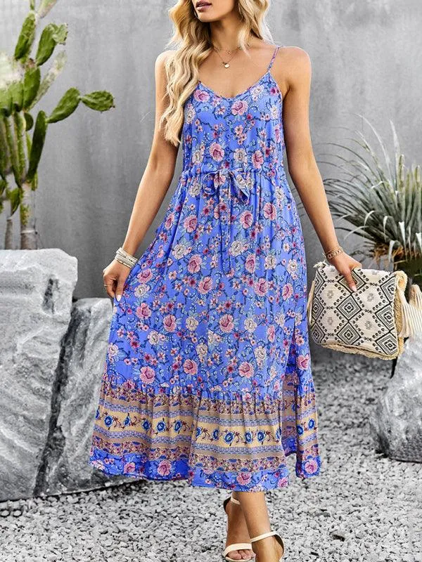 Bohemian Floral Maxi Dress with Adjustable Slit and Suspender Straps for Women