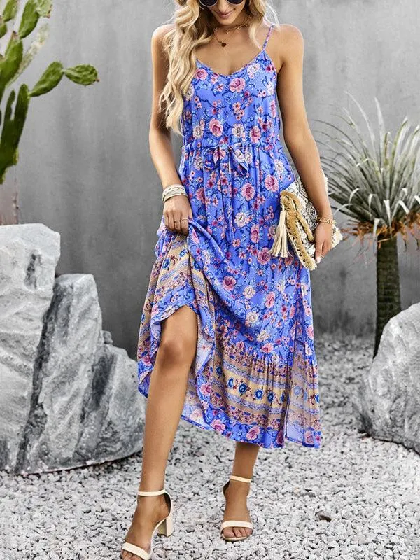 Bohemian Floral Maxi Dress with Adjustable Slit and Suspender Straps for Women