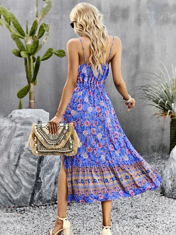Bohemian Floral Maxi Dress with Adjustable Slit and Suspender Straps for Women