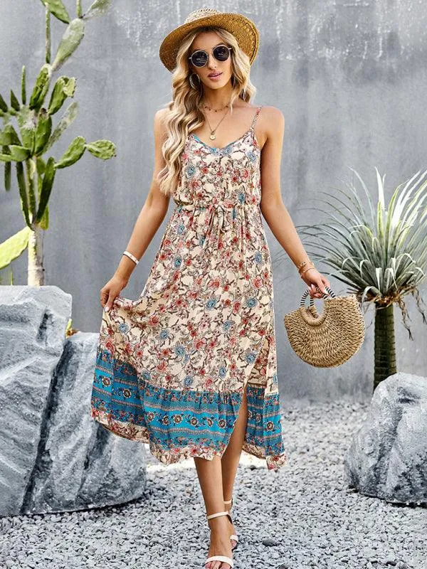 Bohemian Floral Maxi Dress with Adjustable Slit and Suspender Straps for Women
