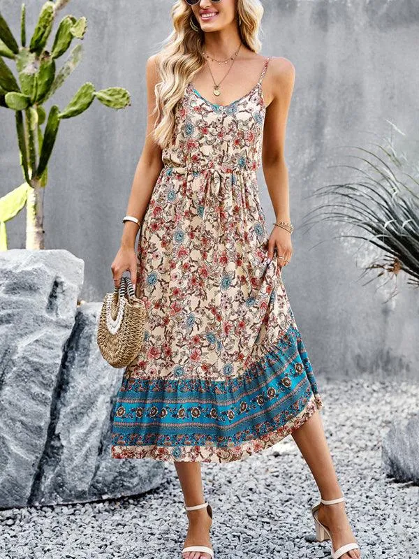 Bohemian Floral Maxi Dress with Adjustable Slit and Suspender Straps for Women