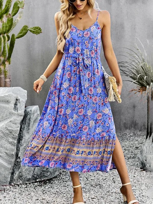 Bohemian Floral Maxi Dress with Adjustable Slit and Suspender Straps for Women