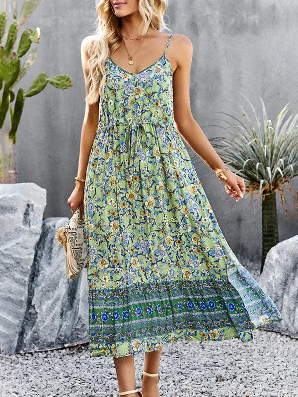 Bohemian Floral Maxi Dress with Adjustable Slit and Suspender Straps for Women