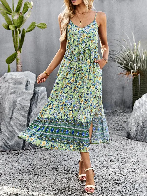 Bohemian Floral Maxi Dress with Adjustable Slit and Suspender Straps for Women