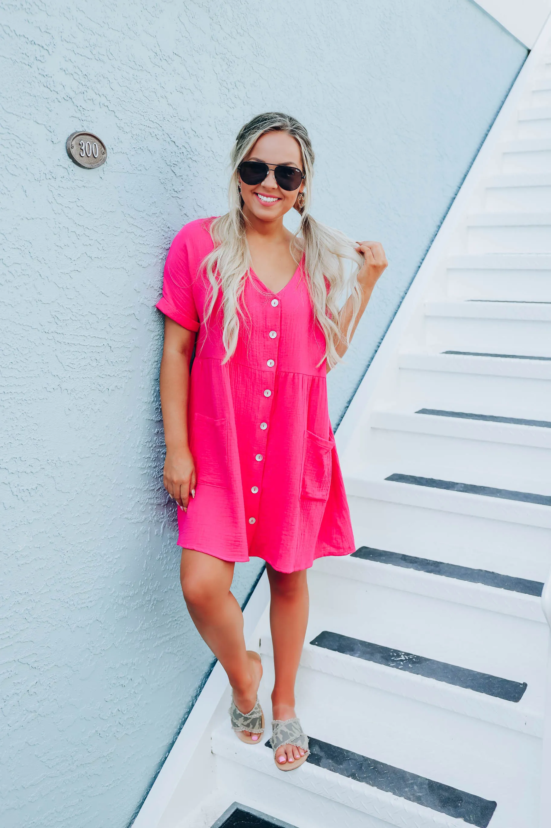 Briella Cotton Button Down Dress - Pink