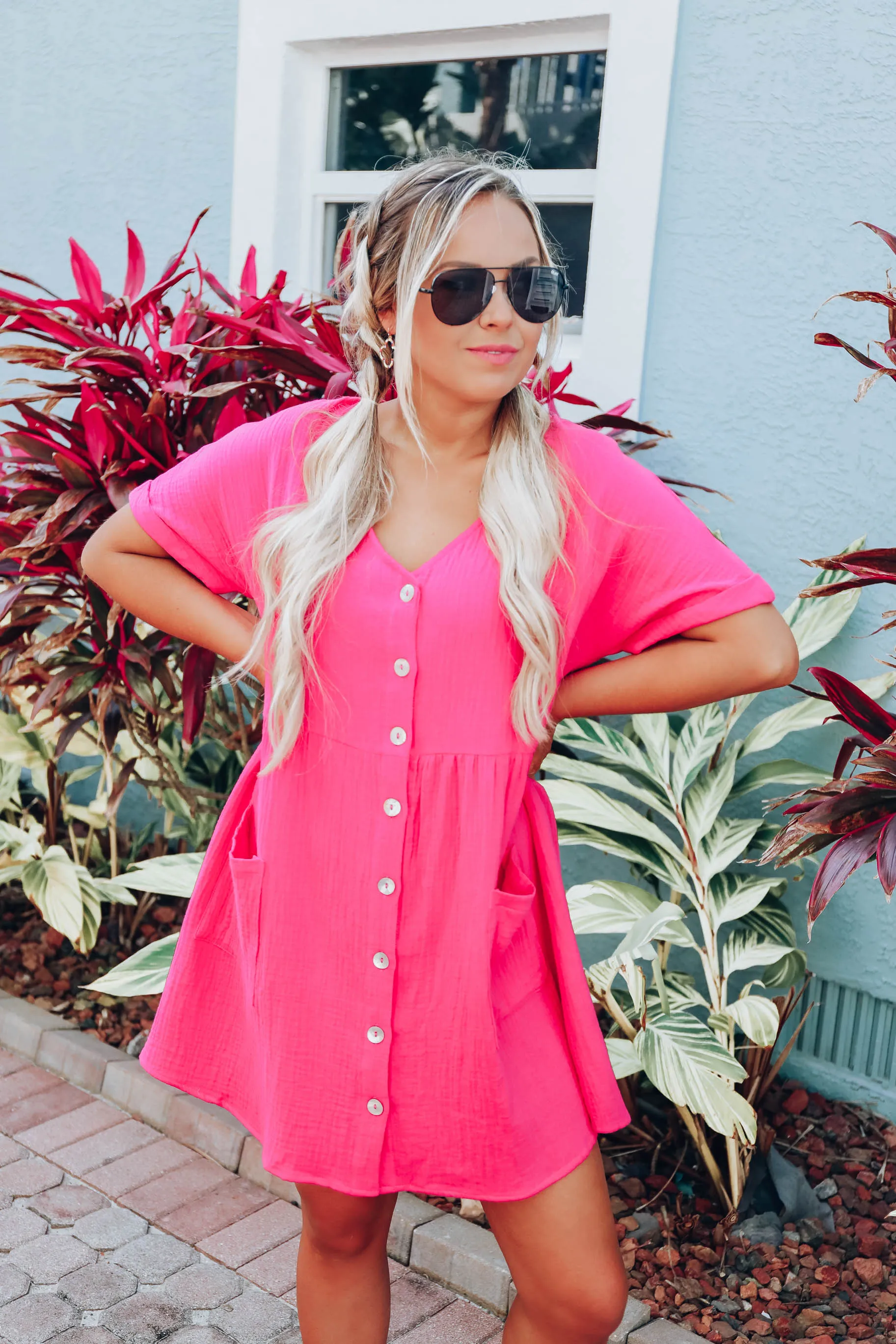 Briella Cotton Button Down Dress - Pink