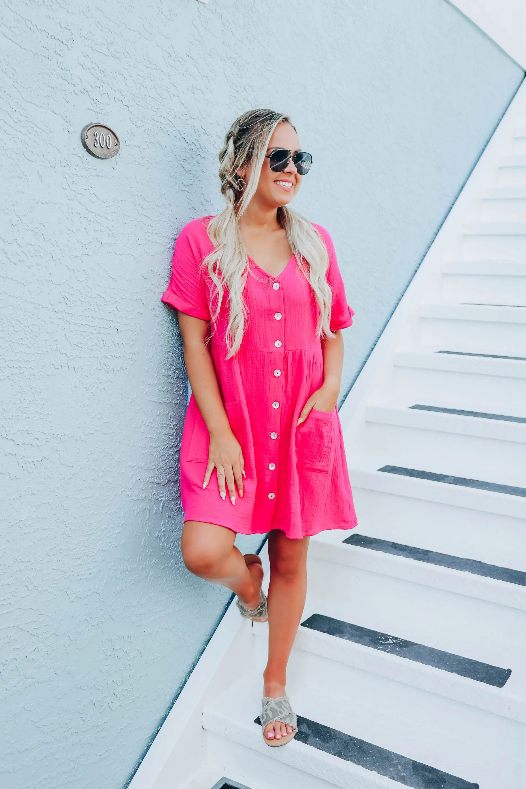 Briella Cotton Button Down Dress - Pink