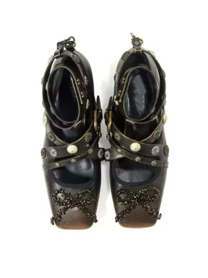 Brown Gothic Boots with Cross-Strap Design – Vintage Style Square-Toe Flats with Studded Accents for Women