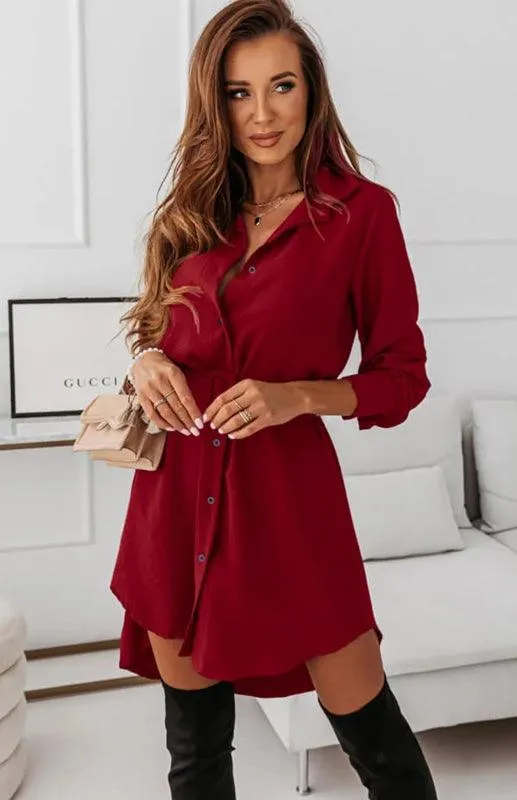 Chic Long Sleeve Polyester Shirt Dress with Lapel Collar