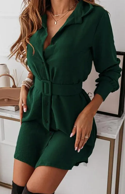 Chic Long Sleeve Polyester Shirt Dress with Lapel Collar