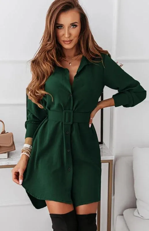 Chic Long Sleeve Polyester Shirt Dress with Lapel Collar