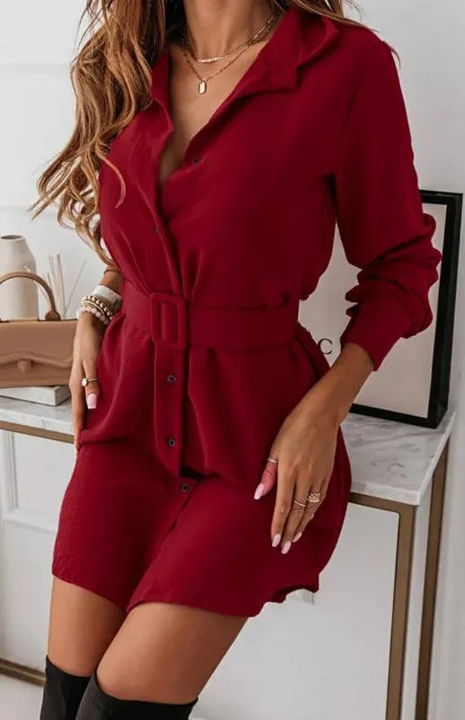 Chic Long Sleeve Polyester Shirt Dress with Lapel Collar