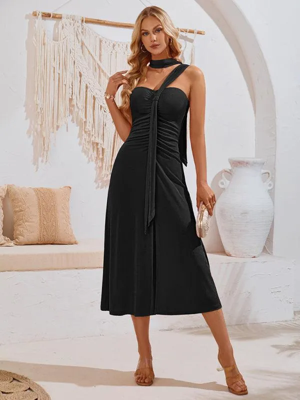 Chic Off-Shoulder Dress with Flowing Streamer Accents