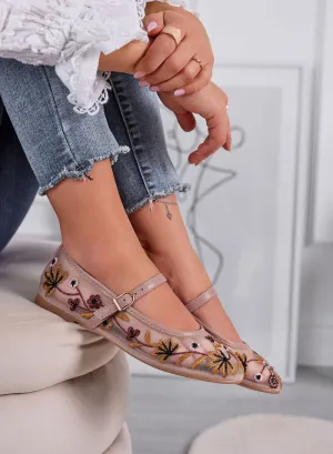 FLORA - Pink ballet flats in embroidered mesh with a strap and floral details
